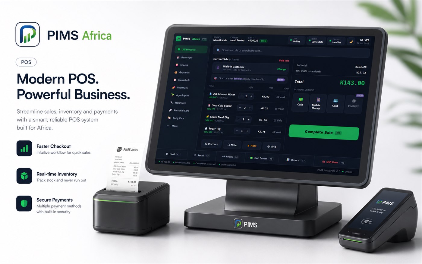 PIMS POS — modern POS hardware with the PIMS Africa point-of-sale interface