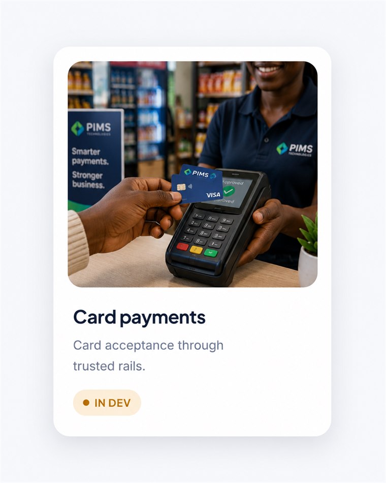 Card payments — card acceptance through trusted rails. In development.