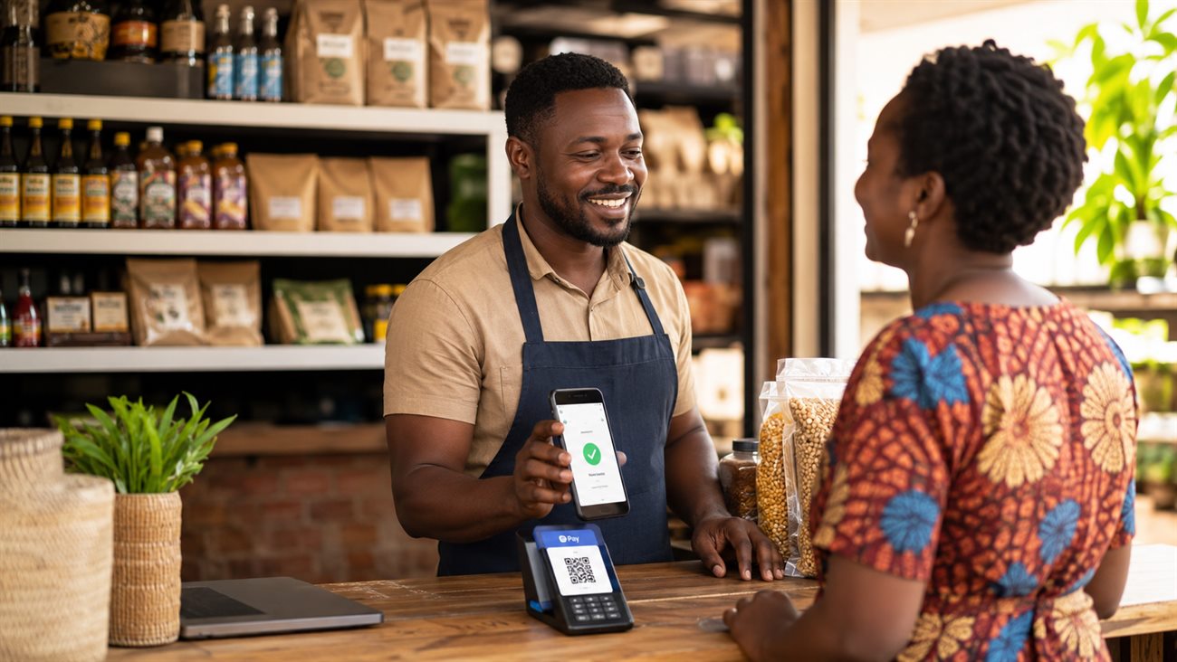 A merchant accepting a mobile payment from a customer at the counter