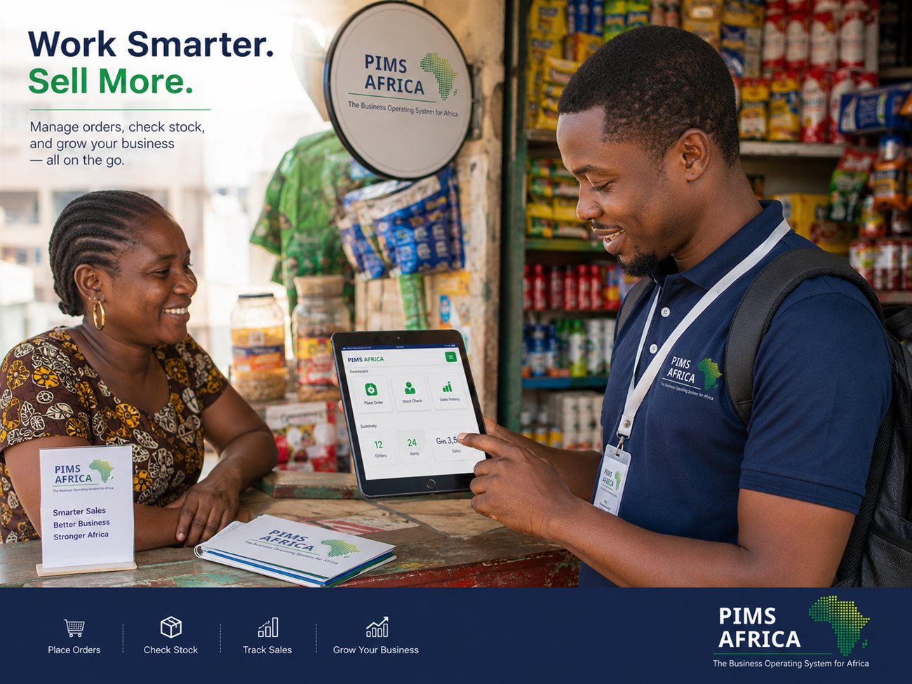 A field agent managing a local shop with PIMS Africa on a tablet