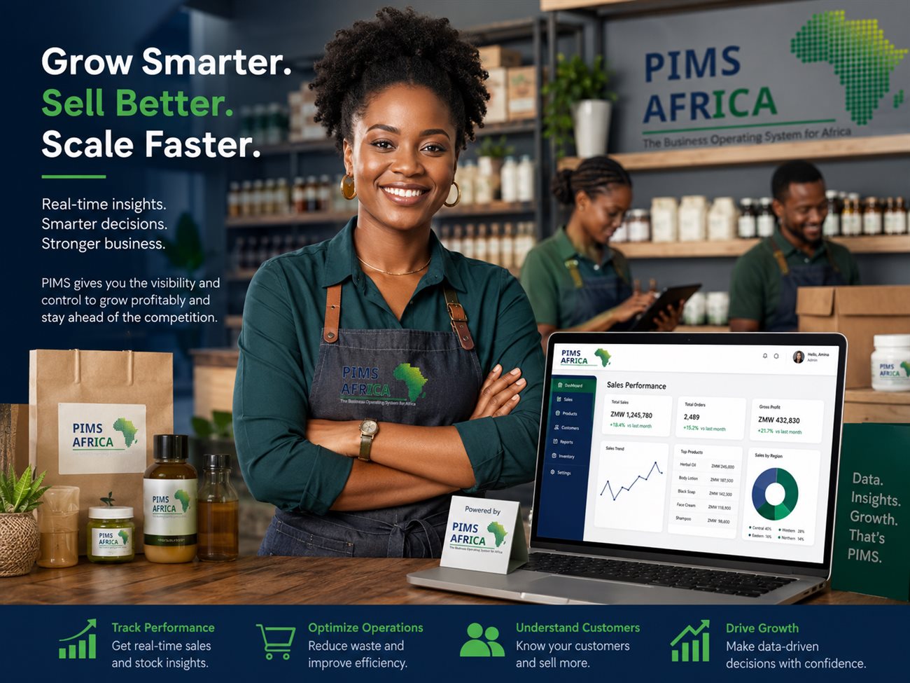 A business owner tracking performance with PIMS Africa insights