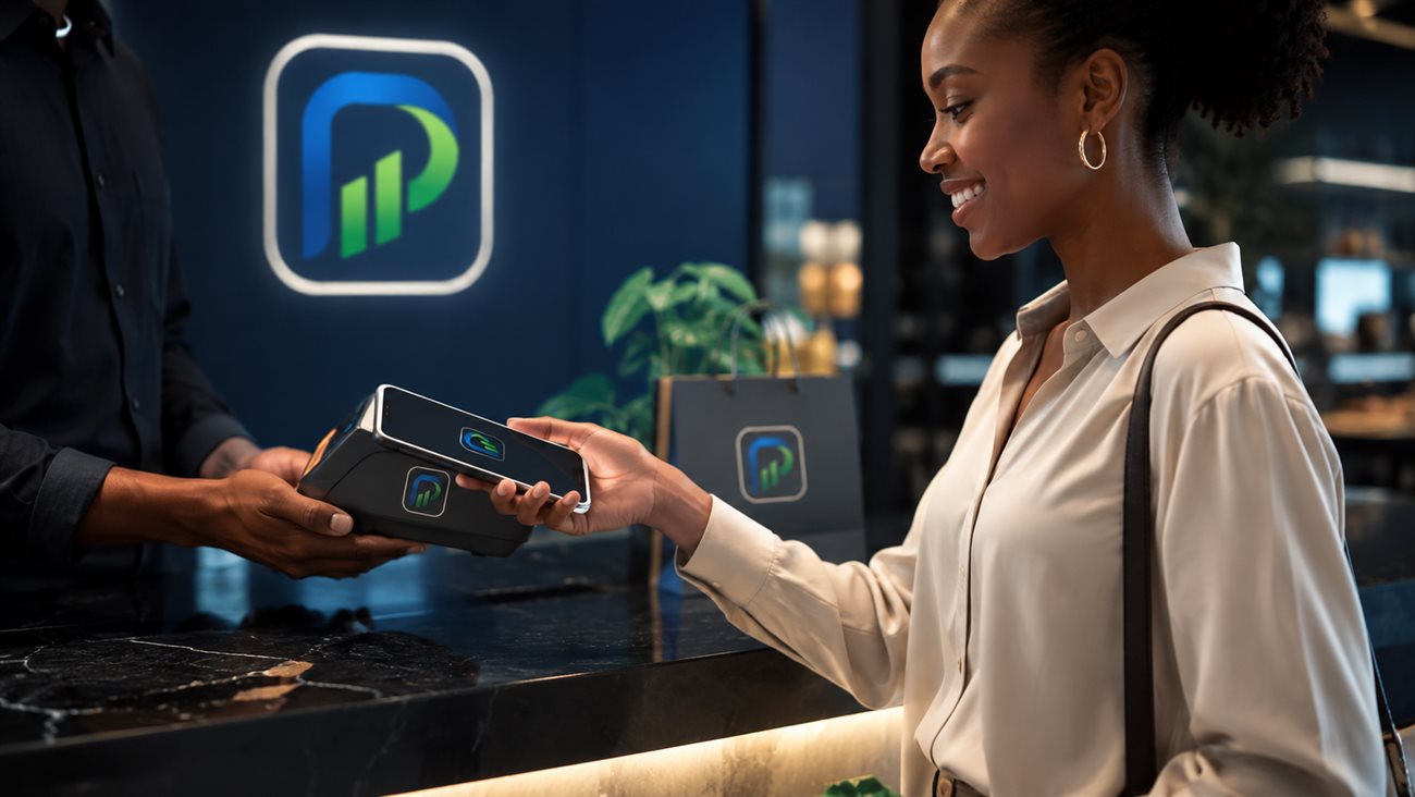 A customer paying by contactless phone at a PIMS-powered counter