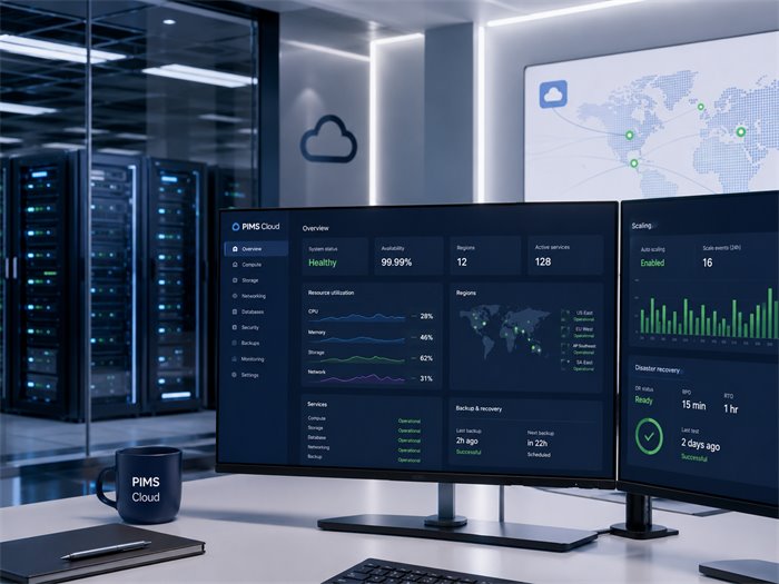 A PIMS Cloud dashboard on monitors beside data-center servers