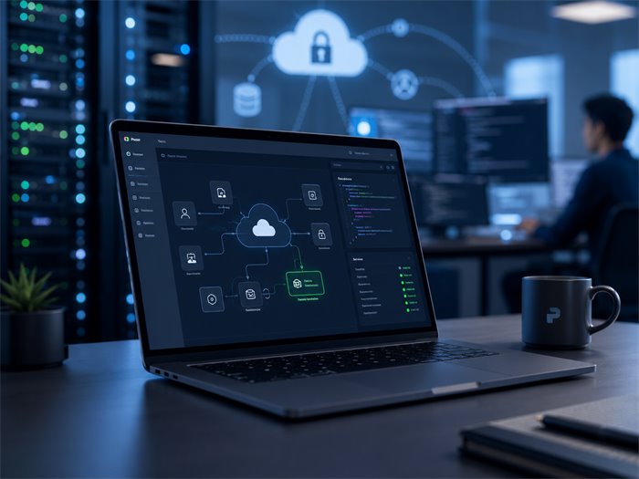 A secure cloud dashboard on a laptop beside data-center servers