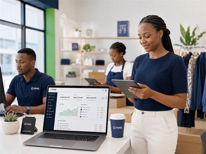 A business running on PIMS — staff with a dashboard on a laptop and tablet