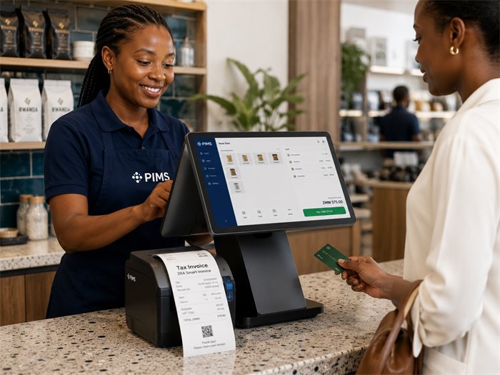 A PIMS POS terminal printing a ZRA Smart Invoice fiscal receipt at a shop counter